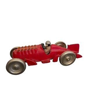 Vintage Hubley Cast Iron Race Car Red Painted Toy with Driver Silver Wheels
